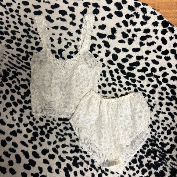 Vintage Lucie Ann II Two Piece Sheer Lace Tank and Shorties Set White Size Small - Picture 1 of 8